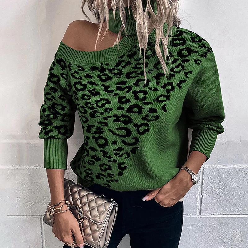 Leopard Print Stud For Autumn And Winter Women's Long-sleeved Sweater Shoulder-baring Sweater