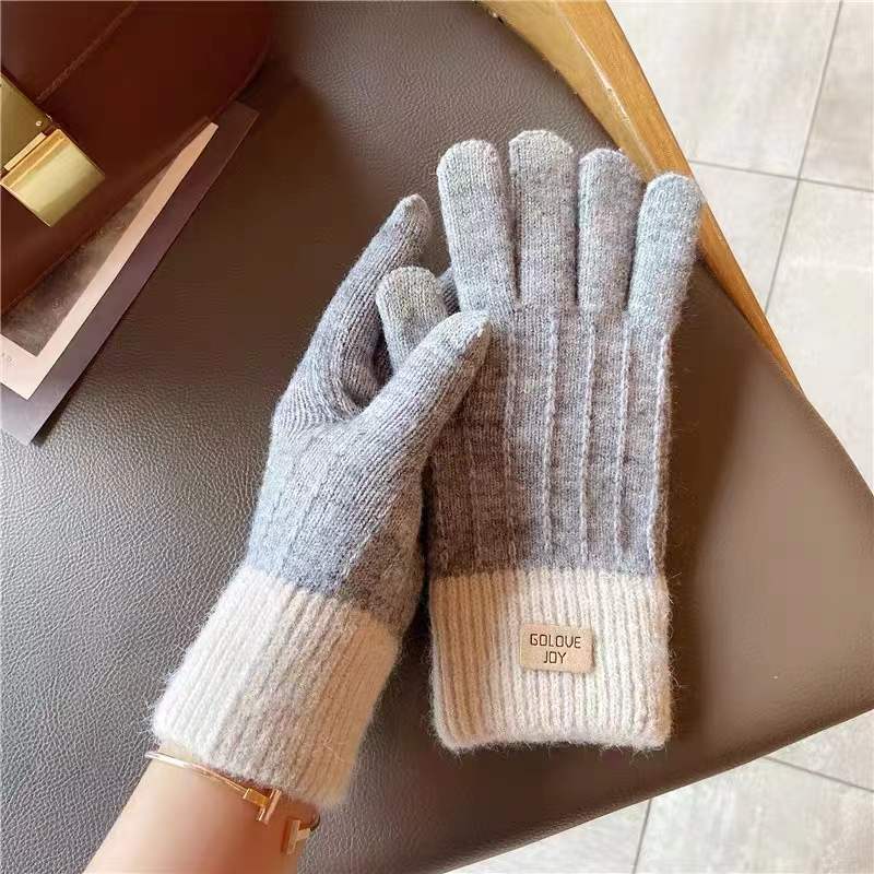 Winter Mittens Brown Striped Embroidered Warm Cycling Spot Universal Cartoon Gloves Ins