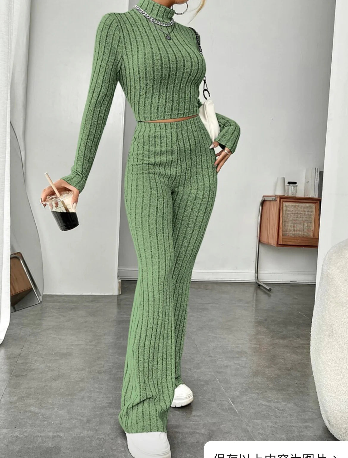 ESSENTIAL Long Sleeve Turtlenecks Wide Leg t High Waist Trousers Suit