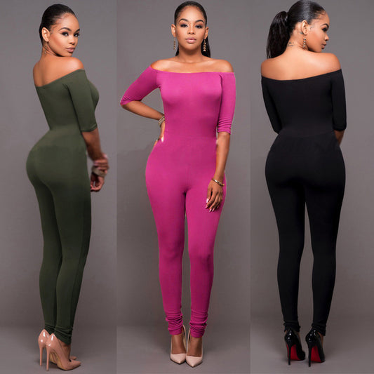 Women's Straight Neck Mid-sleeve Jumpsuit Jumpsuit