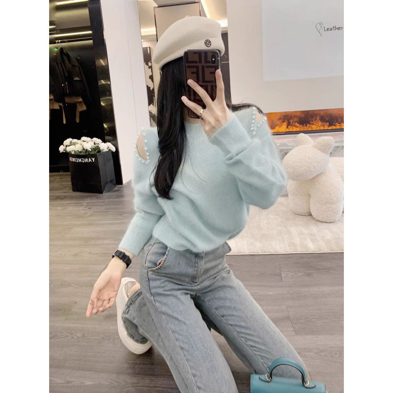 Off-the-shoulder Sleeves Beaded Mink-like Wool Pullover Sweater