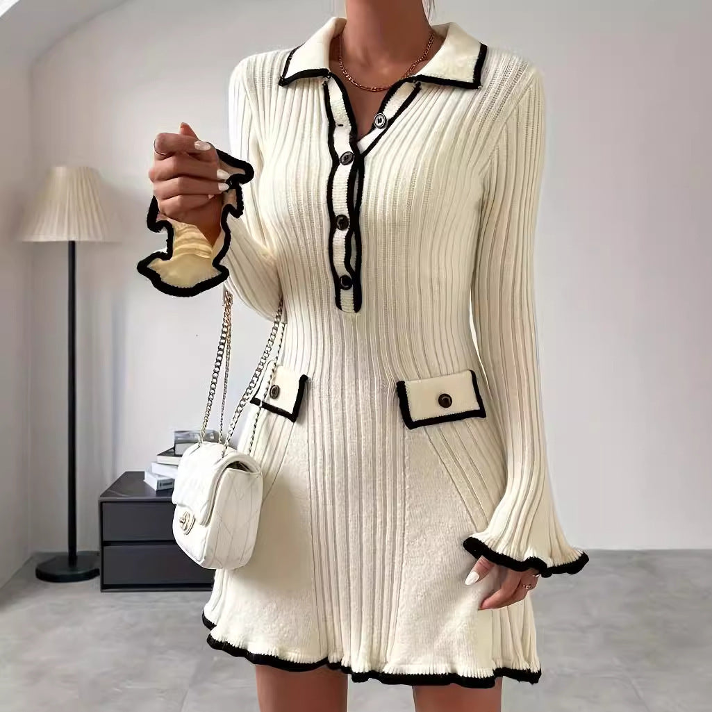 European And American Contrast Color Classic Style Elegant Slim Knit Dress