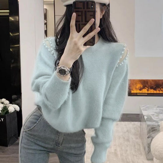 Off-the-shoulder Sleeves Beaded Mink-like Wool Pullover Sweater