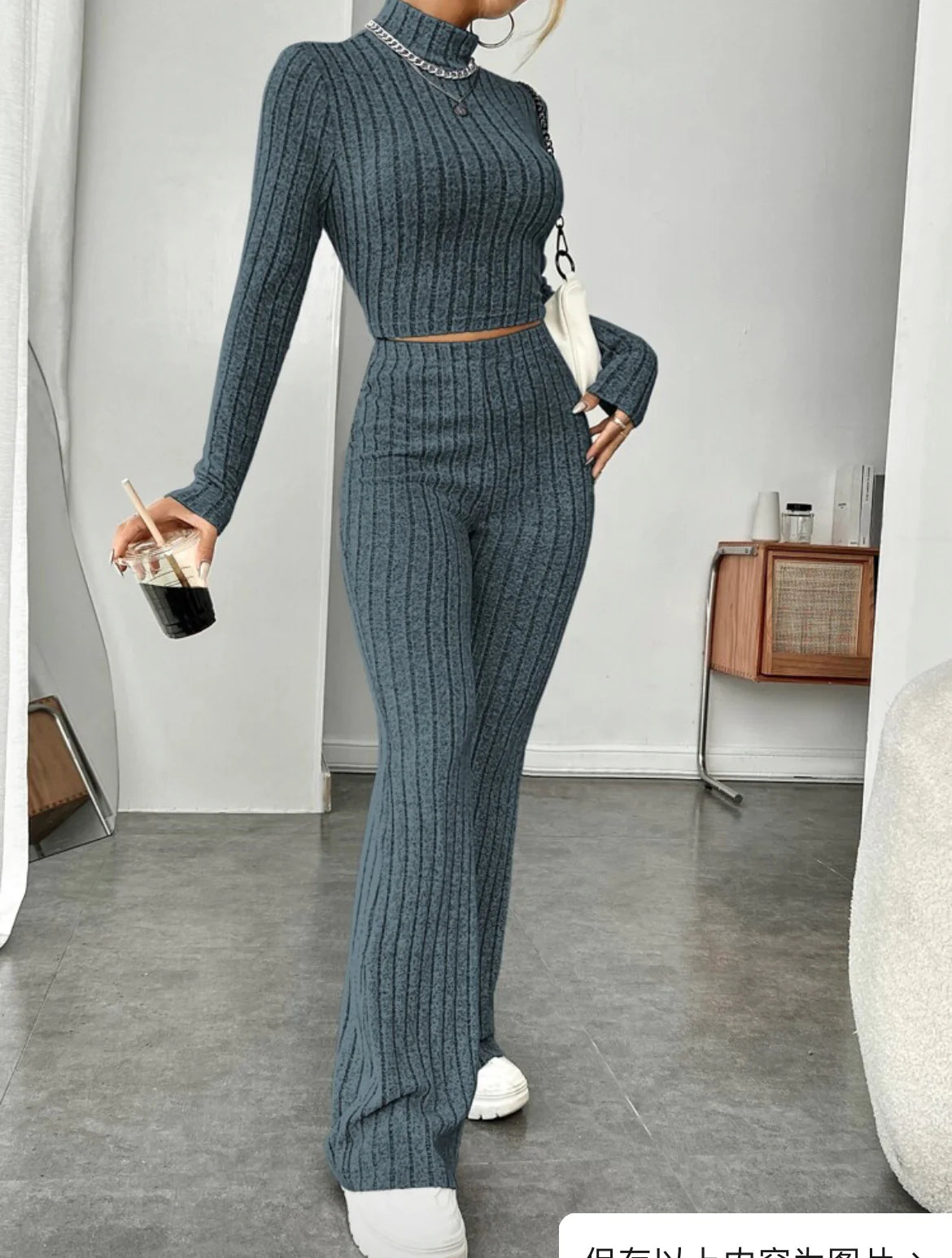 ESSENTIAL Long Sleeve Turtlenecks Wide Leg t High Waist Trousers Suit