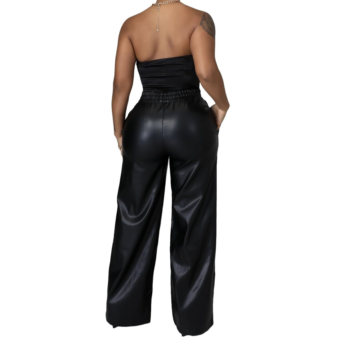 Solid Color Loose Wide Leg Pocket PU Leather Pants