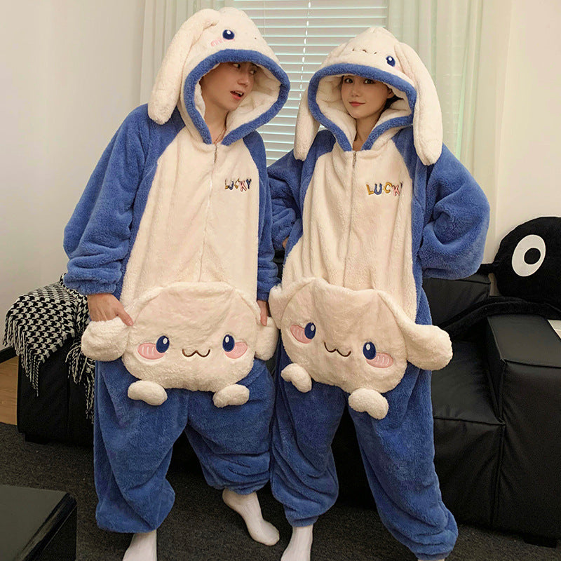 Cute Cartoon Jumpsuit Homewear Couple One-piece Nightgown Coral Fleece Winter Thickened Plush Pajamas For Women Home Clothes