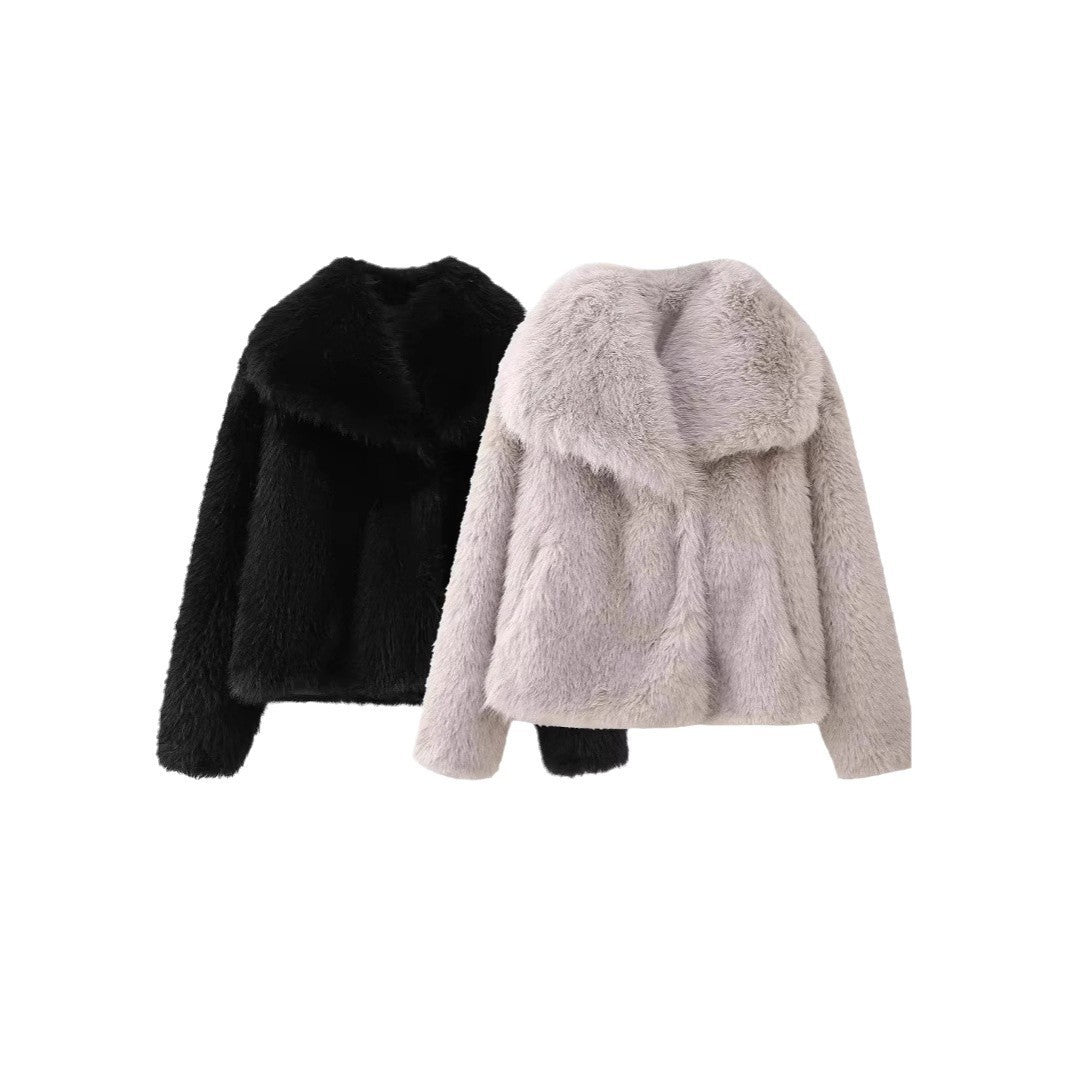 New Polo Collar Faux Fur Short Coat