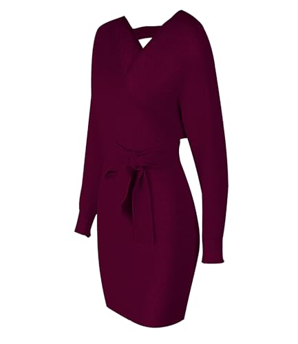 Mansy Women's Sexy Cocktail Batwing Long Sleeve Backless Mock Wrap Knit Sweater Mini Dress Burgundy