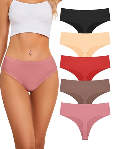 voenxe Seamless Women Underwear Thongs,High Waisted Cut No Show Ladies Panties,Breathable Comfortable Brief,Invisible Woman Hi Rise No Panty Line Underpant Undies,5-Pack Coffee