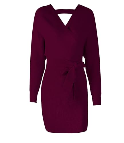 Mansy Women's Sexy Cocktail Batwing Long Sleeve Backless Mock Wrap Knit Sweater Mini Dress Burgundy