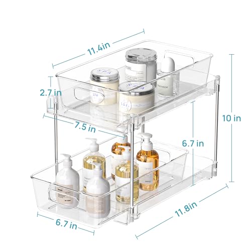 Vtopmart 2 Tier Bathroom Storage Organizer, 4 Pack Clear Under Sink Organizers Vanity Countertop Storage Container, Medicine Cabinet Drawers Bins, Pull-Out Organization with Track for Pantry, Kitchen