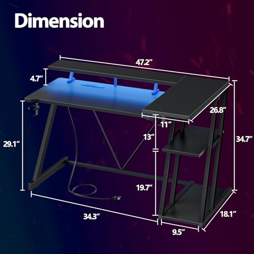 Korfile Reversible Gaming Desk with Power Outlet & LED Lights, Corner Computer Desk with 3 Tiers Storage Shelves, Home Office Desk with Monitor Stand for Small Space, 47 Inch Carbon Fiber Black