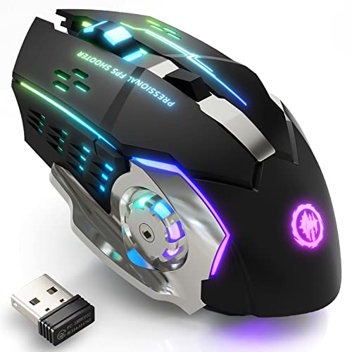 Wireless Gaming Mouse Bluetooth Mouse RGB Rechargeable 2.4G USB Cordless Computer Mice with 7 Color Backlit, 6 Buttons & Silent Click for Laptop, iPad, Mac OS, PC, Windows -Black