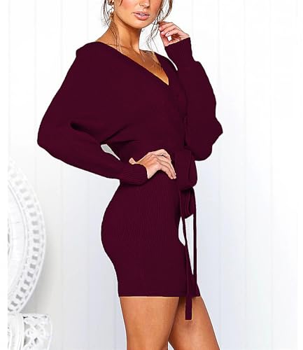 Mansy Women's Sexy Cocktail Batwing Long Sleeve Backless Mock Wrap Knit Sweater Mini Dress Burgundy