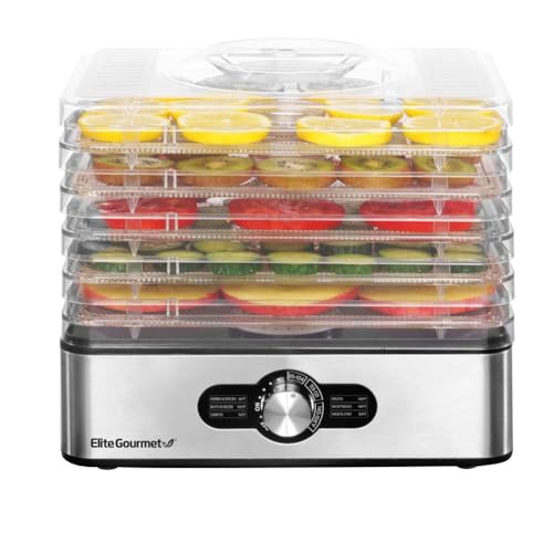 Elite Gourmet EFD3321 Food Dehydrator, Stainless Steel Trays Adjustable Temperature Controls, Jerky, Herbs, Fruit, Veggies, Dried Snacks, Stainless Steel