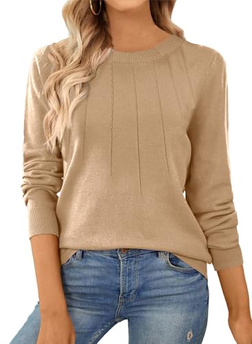 SHEWIN Womens Fall Fashion 2024 Casual Crewneck Long Sleeve Pullover Sweater Tops Soft Lightweight Knit Sweaters for Women Trendy,US 12-14(L),Khaki