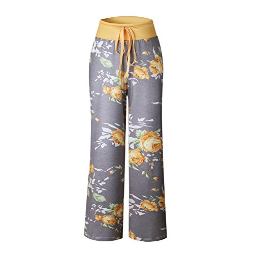 iChunhua Women's Comfy Stretch Floral Print Drawstring Palazzo Wide Leg Lounge Pants(L,Yellow)