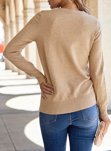 SHEWIN Womens Fall Fashion 2024 Casual Crewneck Long Sleeve Pullover Sweater Tops Soft Lightweight Knit Sweaters for Women Trendy,US 12-14(L),Khaki