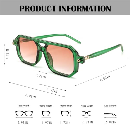 BUTABY Retro Square 70s Flat Aviator Sunglasses Women Men Vintage Trendy Plastic Frame Sun Glasses UV400 Protection Tortoise & Green Pink