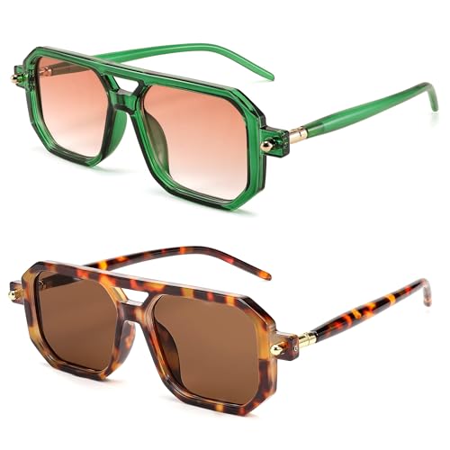 BUTABY Retro Square 70s Flat Aviator Sunglasses Women Men Vintage Trendy Plastic Frame Sun Glasses UV400 Protection Tortoise & Green Pink