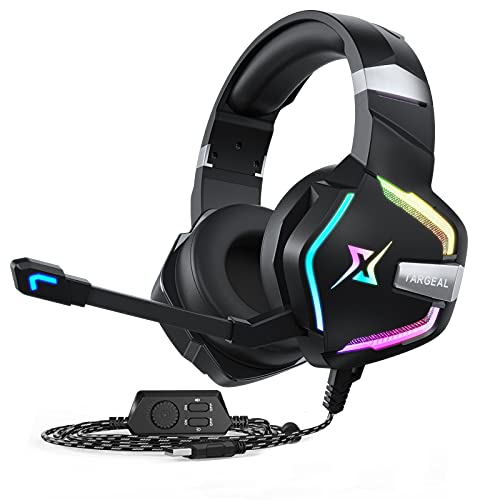 targeal 7.1 Surround Sound PC Gaming Headset for PS5 PS4 Switch Laptop Mac Tablet Mobile, Over Ear Wired USB Gaming Headphone with Omni-Directional Noise Canceling Mic, RGB LED, with Type C Cable