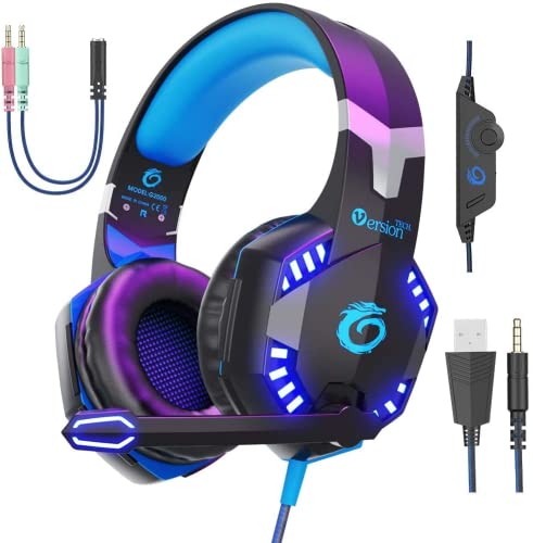 VersionTECH. G2000 Gaming Headset for PS5 PS4 Xbox One Controller,Bass Surround Noise Cancelling Mic, Over Ear Headphones with LED Lights for Mac Laptop Xbox Series X S Nintendo Switch NES PC Games