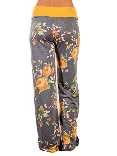 iChunhua Women's Comfy Stretch Floral Print Drawstring Palazzo Wide Leg Lounge Pants(L,Yellow)