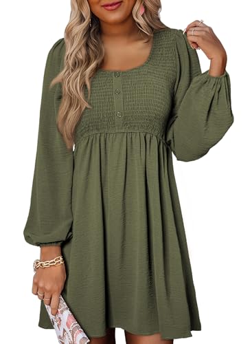 Dokotoo Casual Dresses for Women 2024 Fall Crewneck Long Sleeve Empire Waist Dress Fashion Smocked A-line Flowy Elegant Dresses Green Medium