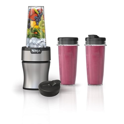 Ninja BN301 Nutri-Blender Plus Compact Personal Blender, 900-Peak-Watt Motor, Frozen Drinks, Smoothies, Sauces & More, (3) 20 oz. To-Go Cups, (2) Spout-Lids (1) Storage-Lid, Dishwasher Safe, Silver