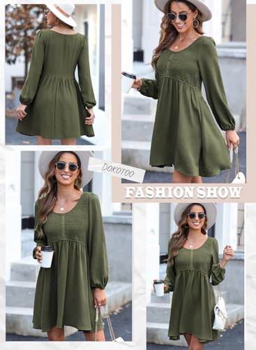 Dokotoo Casual Dresses for Women 2024 Fall Crewneck Long Sleeve Empire Waist Dress Fashion Smocked A-line Flowy Elegant Dresses Green Medium