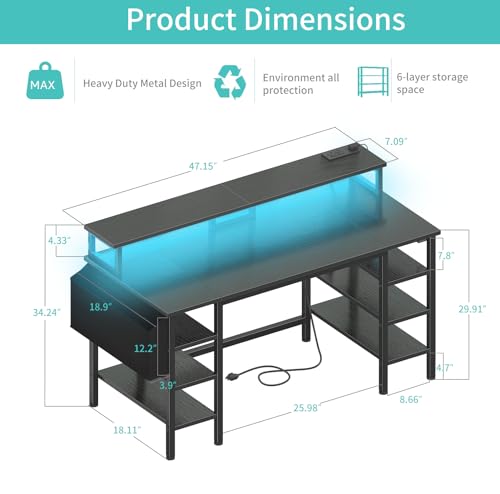 Lufeiya Gaming Desk with LED Lights and Storage Shelves, 47 inch Computer Desk with Power Outlets, Home Office Desk with Monitor Stand, Writing Table PC Desks, Black