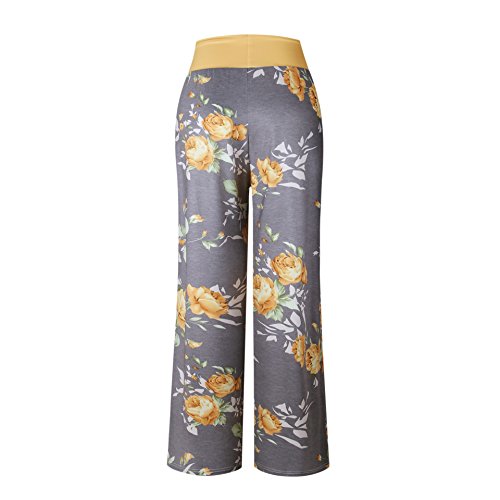 iChunhua Women's Comfy Stretch Floral Print Drawstring Palazzo Wide Leg Lounge Pants(L,Yellow)