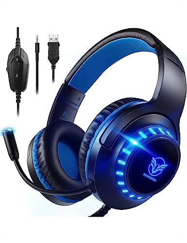 Pacrate Gaming Headset for PS5/PS4/Xbox One/Nintendo Switch/PC/Mac, PS5 Headset with Microphone Xbox Headset with LED Lights, Noise Cancelling PS4 Headset for Kids Adults - Blue