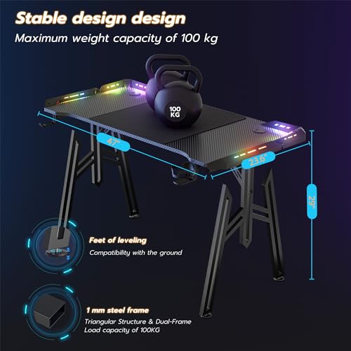 WEMUZVIU 47 Inch Gaming Desk with LED Lights, Carbon Fibre Surface Computer Desk, Large Gaming Table Ergonomic, Home Office Desks Gamer Gamer Workstation with Cup Holder Headphone Hook (M-47 INCH-LED)