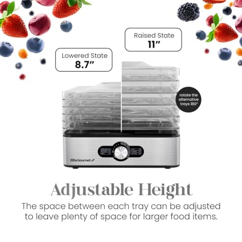 Elite Gourmet EFD3321 Food Dehydrator, Stainless Steel Trays Adjustable Temperature Controls, Jerky, Herbs, Fruit, Veggies, Dried Snacks, Stainless Steel