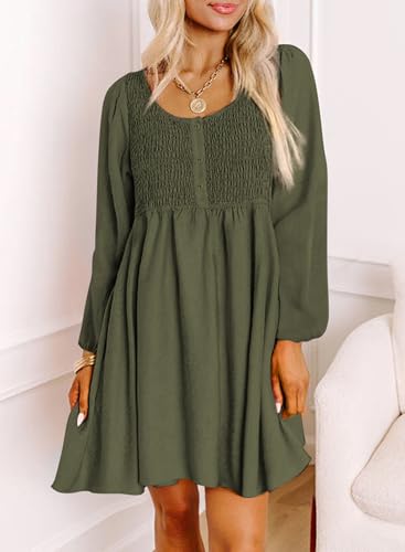 Dokotoo Casual Dresses for Women 2024 Fall Crewneck Long Sleeve Empire Waist Dress Fashion Smocked A-line Flowy Elegant Dresses Green Medium