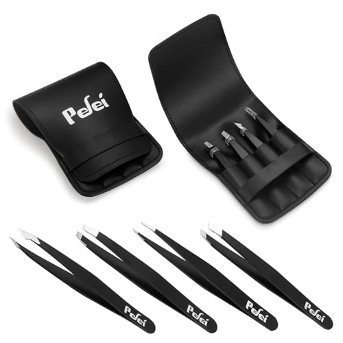 Pefei Tweezers Set - Professional Stainless Steel Tweezers for Eyebrows - Great Precision for Facial Hair, Splinter and Ingrown Hair Removal (Black)