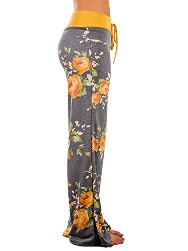 iChunhua Women's Comfy Stretch Floral Print Drawstring Palazzo Wide Leg Lounge Pants(L,Yellow)