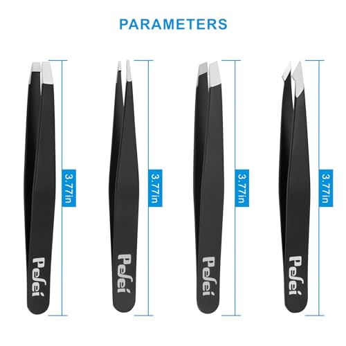 Pefei Tweezers Set - Professional Stainless Steel Tweezers for Eyebrows - Great Precision for Facial Hair, Splinter and Ingrown Hair Removal (Black)