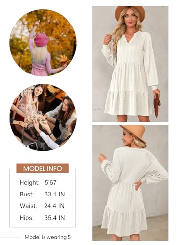 Dokotoo Wedding Guest Dresses for Women 2024 Notched V Neck Long Sleeve Ruched Casual Ruffle A-Line Swing Tiered Tunic Dress Lightweight Soft Textured Loose Fall Short Mini Dress White Medium