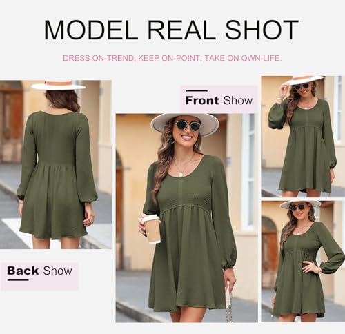 Dokotoo Casual Dresses for Women 2024 Fall Crewneck Long Sleeve Empire Waist Dress Fashion Smocked A-line Flowy Elegant Dresses Green Medium