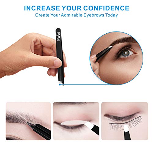 Pefei Tweezers Set - Professional Stainless Steel Tweezers for Eyebrows - Great Precision for Facial Hair, Splinter and Ingrown Hair Removal (Black)