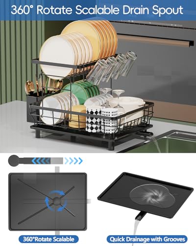 LIONONLY Dish Drying Rack, 2 Tier Dish Rack, Multifunctional Dish Drainer Rack Set, Dish Strainers for Kitchen Counter, Space Saving Drying Rack with Fork Holder, Black