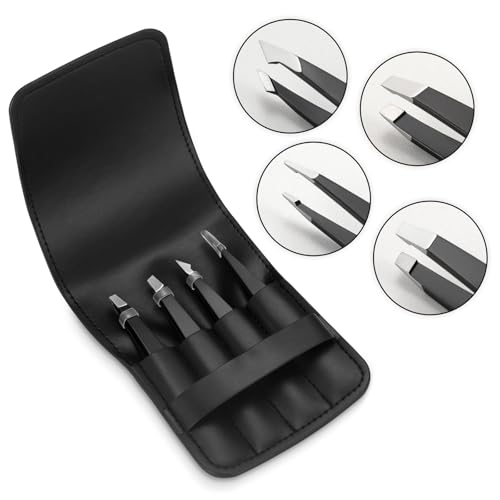 Pefei Tweezers Set - Professional Stainless Steel Tweezers for Eyebrows - Great Precision for Facial Hair, Splinter and Ingrown Hair Removal (Black)