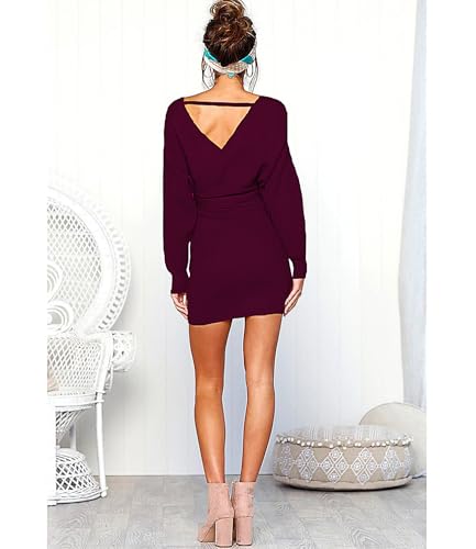 Mansy Women's Sexy Cocktail Batwing Long Sleeve Backless Mock Wrap Knit Sweater Mini Dress Burgundy