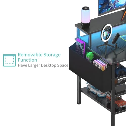 Lufeiya Gaming Desk with LED Lights and Storage Shelves, 47 inch Computer Desk with Power Outlets, Home Office Desk with Monitor Stand, Writing Table PC Desks, Black