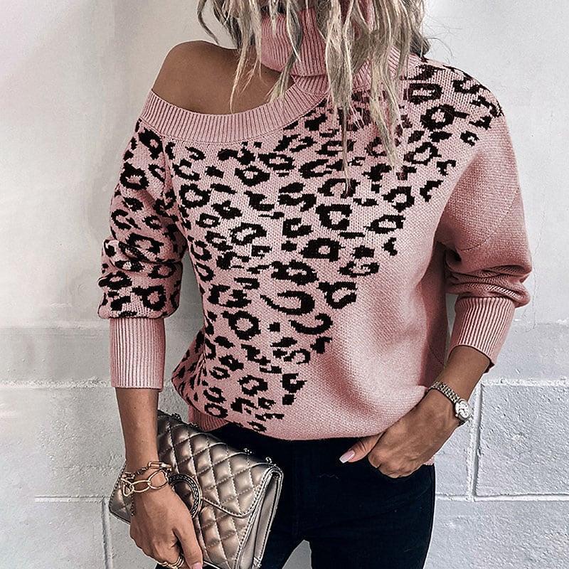 Leopard Print Stud For Autumn And Winter Women's Long-sleeved Sweater Shoulder-baring Sweater