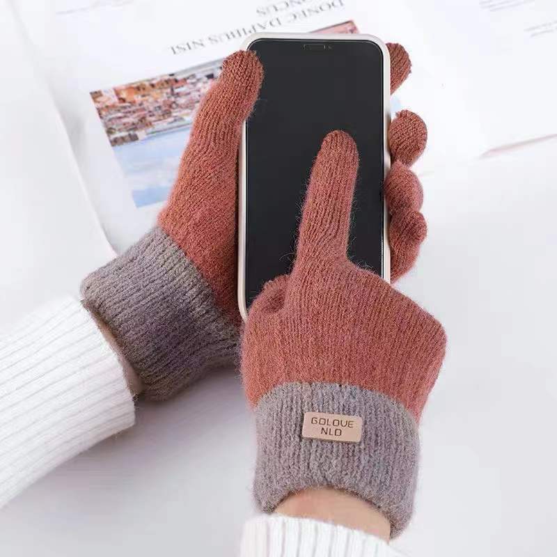 Winter Mittens Brown Striped Embroidered Warm Cycling Spot Universal Cartoon Gloves Ins