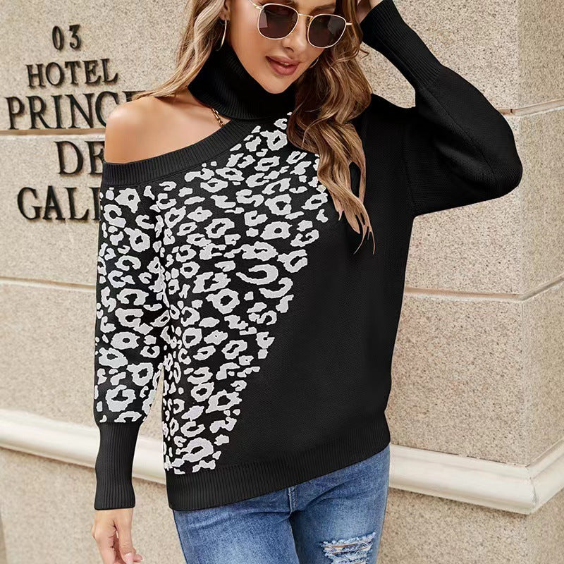 Leopard Print Stud For Autumn And Winter Women's Long-sleeved Sweater Shoulder-baring Sweater