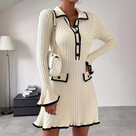 European And American Contrast Color Classic Style Elegant Slim Knit Dress